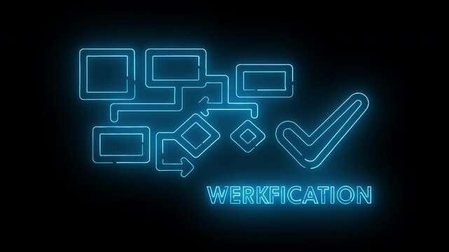 Neon-lit verification concept with glowing blue icons and a checkmark on a black background.