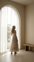 Aesthetic vertical shot of a woman in a long linen dress standing by a large arched window with sheer curtains