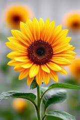 Obraz premium Radiant sunflower in sharp focus with warm yellow petals and green stem in field