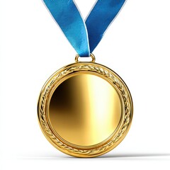 Shiny gold medal with blue ribbon ready for award ceremony