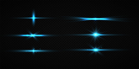 Fototapeta premium Colorful Star Light Effect Collection with Blue, Golden, and Yellow Glowing Starlight Sparkle Rays and Lens Flare Illumination on Transparent Background