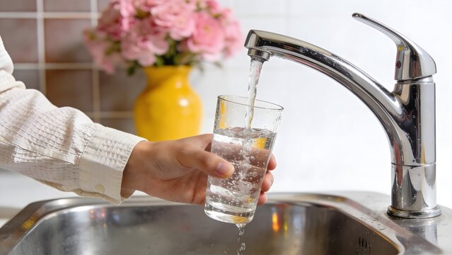 Person filling a clear drinking glass with fresh running water from a modern chrome kitchen faucet sink.