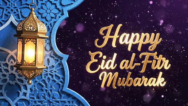 Golden Lantern Hanging and Festive "Happy Eid al-Fitr Mubarak" Text with Sparkles on a Starry Purple