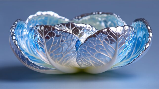 Kunstvolle opalescente Glasschale mit blau-wei&szlig;en Rillen und Perlmutt-Effekt &ndash; Art-Nouveau-Design