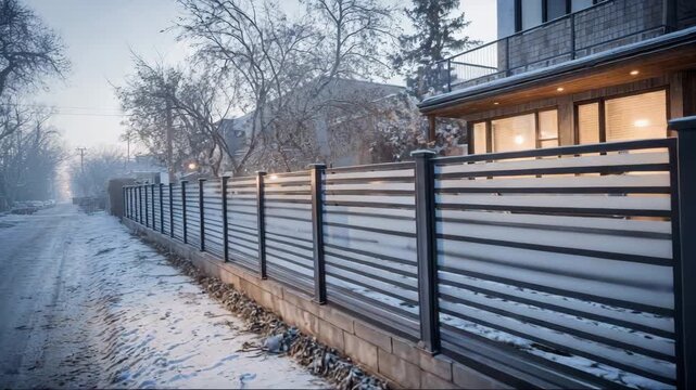Modern fencing in winter landscape with a house on snowy street  