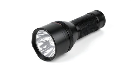 A black flashlight isolated on a white background, providing focused light.