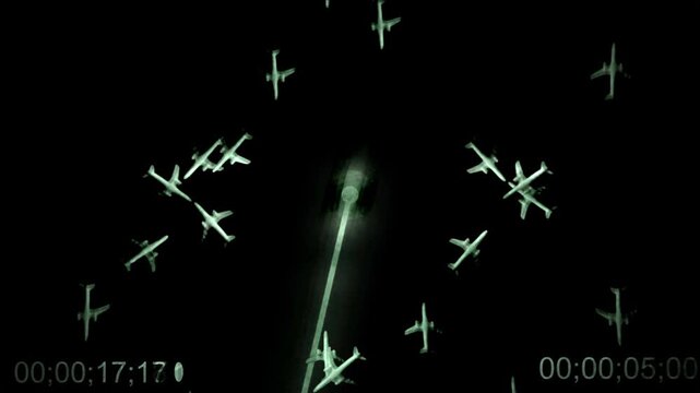 Aircraft, planes as seen on a simulated air traffic control monitor. Multiple green aircraft symbols passing across black screen with circular radar. Military or civilian commercial.
