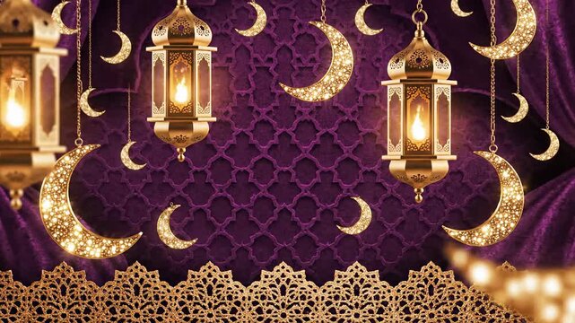 Golden Ramadan lanterns and crescent moons hanging against a dark purple Islamic geometric pattern