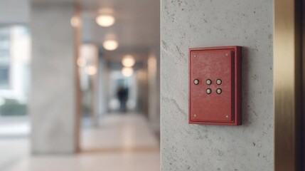 Red rectangular box mounted on a white marble wall in a hallway. the box appears to be a control panel or a keypad, with four buttons on the right side.