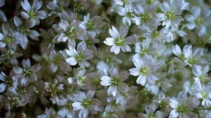 Obraz premium Tiny white flowers filled the background, seen up close.