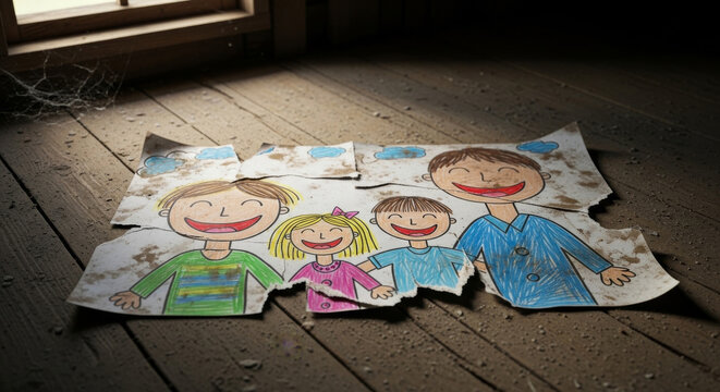 Child's Drawing of a Smiling Family on Wooden Surface