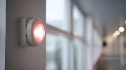 White wall-mounted light fixture with a round, red light on it. the light is turned on and is located on the right side of the wall.