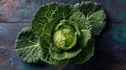 Fototapeta premium Ripe Savoy cabbage sits in view from above.