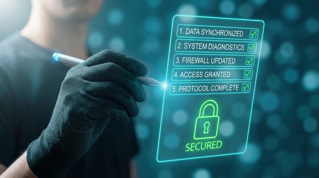 Person wearing gloves interacting with a secured digital interface detailing steps: data synchronized, system diagnostics, firewall updated, access granted, protocol complete
