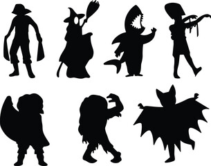 Halloween character silhouettes set, spooky witch zombie vampire monster costume collection isolated vector illustration for party design