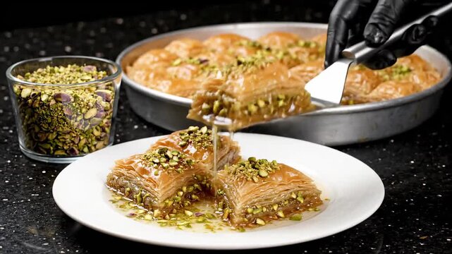 Delicious Honey Pistachio Baklava Being Served, a Traditional Middle Eastern Dessert with Layers