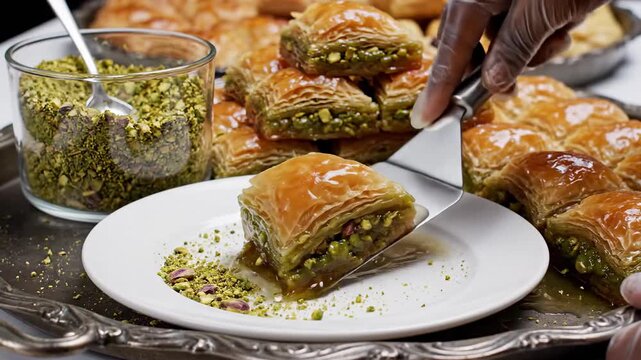 Delicious pistachio baklava pastry being served on a plate with a side of chopped pistachios