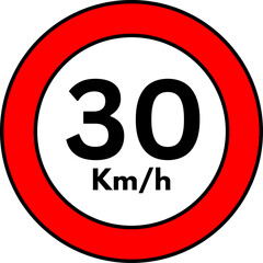 30 km/h Speed Limit Road Sign, Red Circle Traffic Symbol Vector