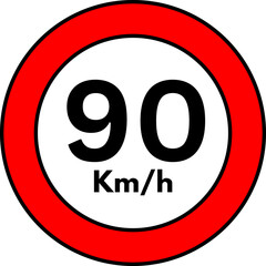 90 km/h Speed Limit Road Sign, Red Circle Traffic Symbol Vector