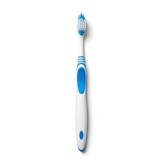 Isolated view of a modern toothbrush with a blue and white handle and bristles
