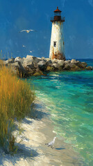 Malownicza latarnia morska na skalistym cyplu. Turkusowe wody morza łagodnie obmywają piaszczystą plażę pod błękitnym, letnim niebem. Sielsko.