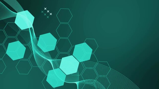 Simple minimalist hexagonal tech background animation, Abstract background with hexagons and flowing wireframe ribbon
