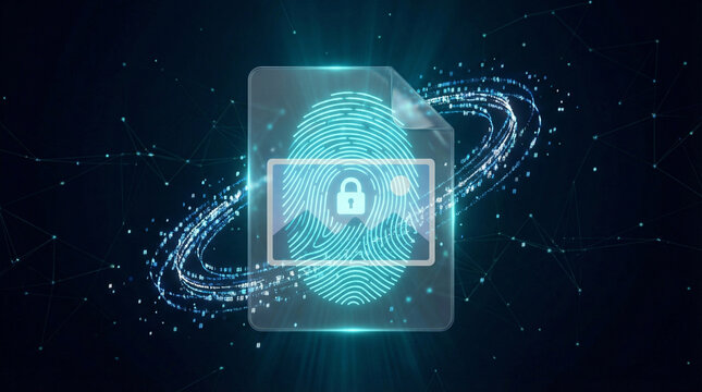 Glowing digital fingerprint with padlock and orbiting hash particles on sealed image file icon. Content fingerprinting, cryptographic security, and provenance concept.