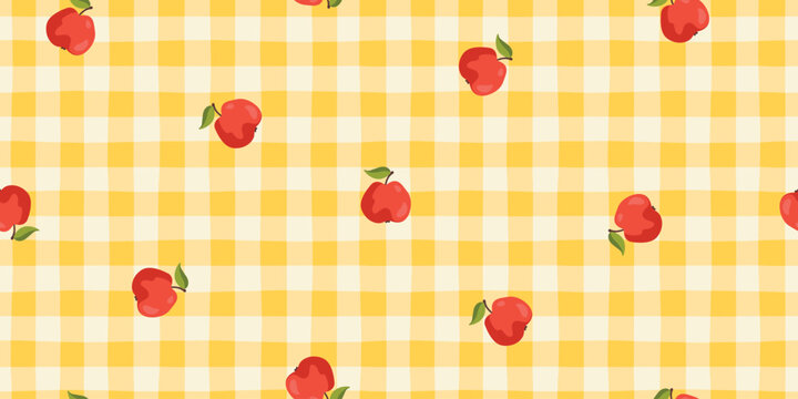 Apple seamless pattern on yellow gingham background. Cute vector horizontal border with red fruits for kitchen textiles, farmhouse decor, harvest festival stationery. Minimalist stylish naive doodle