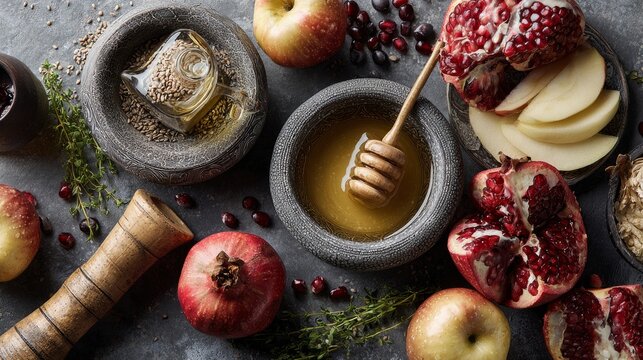 Sweet honey, tart pomegranate, crisp apples, and a shofar rest on a grey table, a top-down view of Rosh Hashanah's bounty.