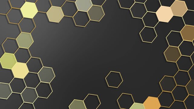Honeycomb geometric frame on dark background animation, Background with hexagonal honeycomb pattern framing corners and edges