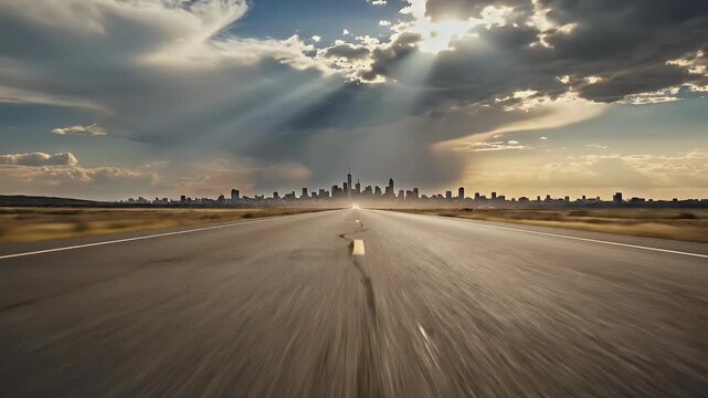 A realistic and atmospherically evocative landscape photograph depicting empty, straight asphalt highway stretching toward the distant silhouette of urban skyline on the horizon, all set against dram