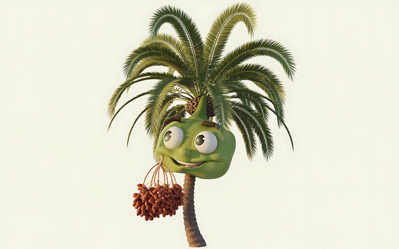 A cartoon palm tree with a smiling face and large eyes