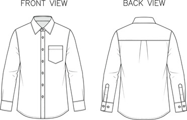Technical CAD drawing flat vector illustration of a men's long sleeve button down dress shirt