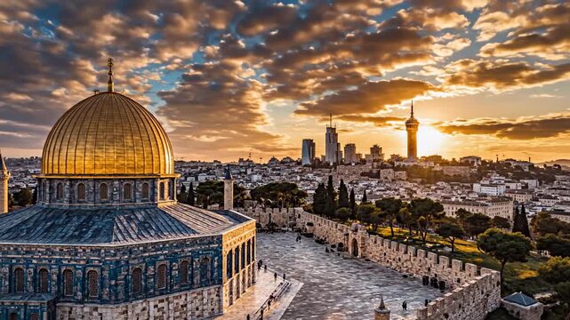 Golden Dome of the Rock and Jerusalem Skyline at Sunrise with Dramatic Clouds and Sunbeams