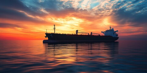 Obraz premium A cargo ship is silhouetted against a stunning sunset sky, reflecting on calm waters. The dramatic colors of the clouds create a serene maritime atmosphere.