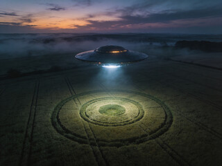 Nighttime Alien Pattern Discovery. Unusual Illuminated Formation Observed In Rural Farmland During Dusk © Artoym