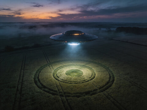 Nighttime Alien Pattern Discovery. Unusual Illuminated Formation Observed In Rural Farmland During Dusk