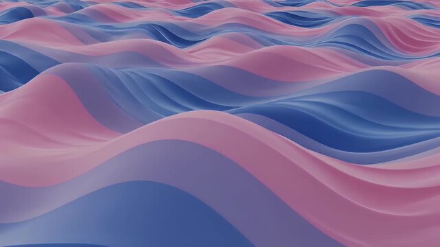 A mesmerizing and fluid colorful abstract background composed of soft pink and blue multicolored wavy surfaces, creating powerful sense of gentle organic movement, dimensional depth, and peaceful tra