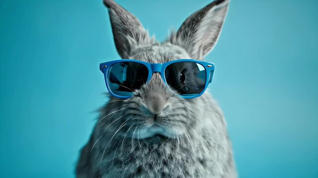 An incredibly cute and fluffy domestic rabbit with characteristically long, soft ears, playfully adorned with pair of stylish blue sunglasses, confidently posing against vibrant turquoise background,