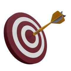 Red and white dartboard with a yellow dart embedded in the bullseye isolated on a transparent background