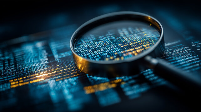 Magnifying glass over programming code and charts, illustrating software audit, cybersecurity review, and compliance.
