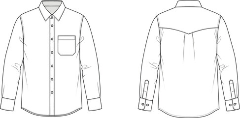 Technical fashion sketch of men's long sleeve button down shirt front and back view © VectoInfinity 