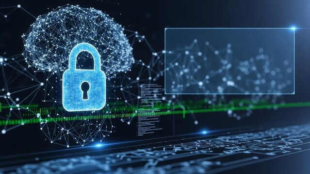 Secure digital brain network concept with glowing padlock and binary code on dark background