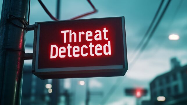 A digital sign displaying a red "Threat Detected" message symbolizes urban safety and security. The sign serves as a modern warning system in a city environment.