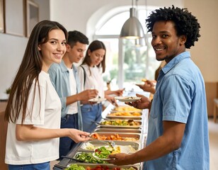 Naklejka premium Diverse group enjoying a buffet at a restaurant.