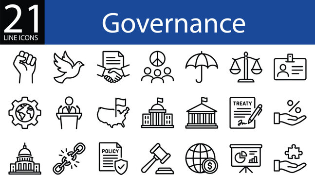 Governance line icon collection in outline style, policy enforcement, justice, diplomacy, global relations, and civic leadership