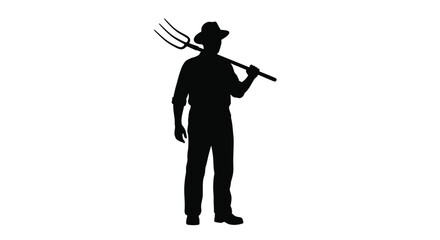 A farmer with a pitchfork stands proudly in dark silhouette © RASHIDA