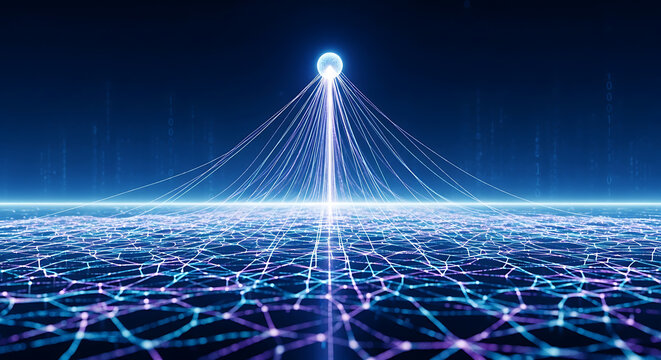 Glowing network connections rising to a bright orb in a futuristic digital landscape with neon lines and dark blue background