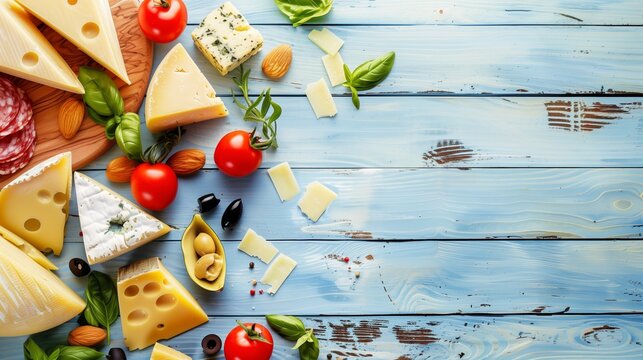 many different types of cheese on a textured background