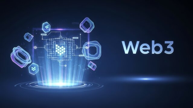 Dynamic abstract illustration of Web3 technology, showcasing a decentralized internet concept with glowing network elements and futuristic data architecture